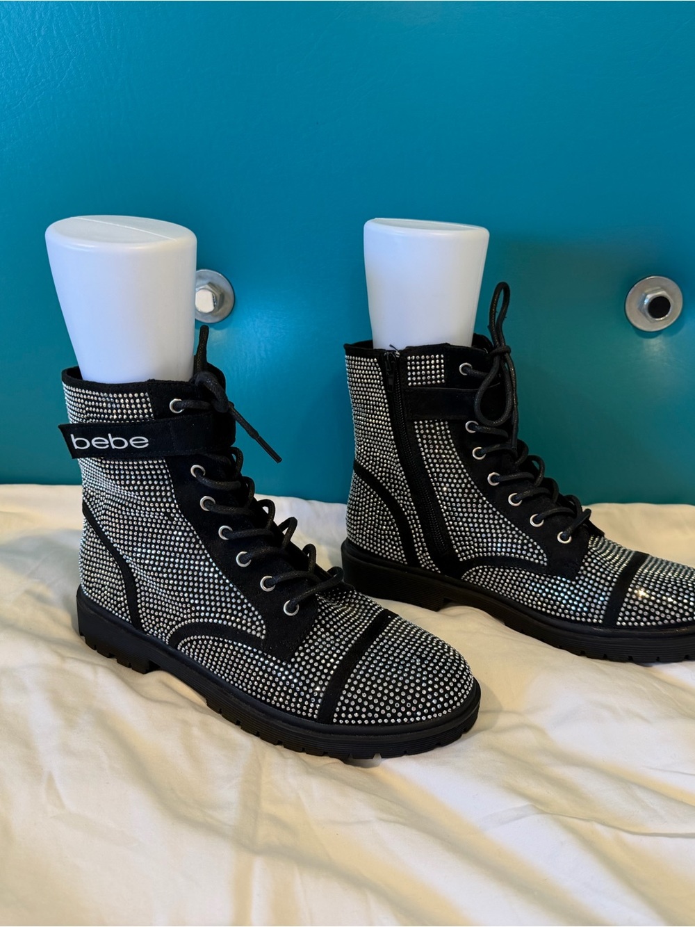 bebe Black Rhinestone Lace-Up Combat Boots with Logo Strap